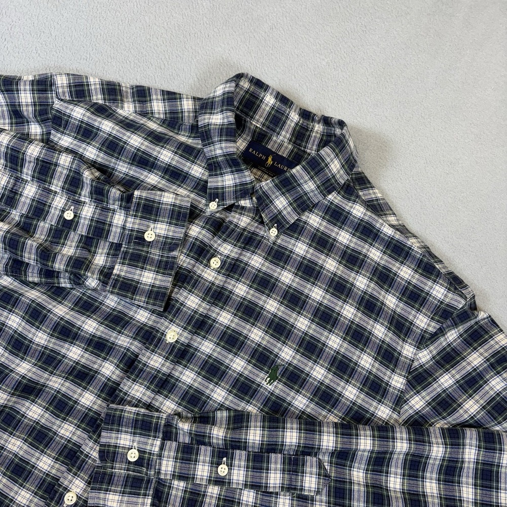 Ralph Lauren Shirt Mens XL Green Blue Button Down Oxford Tartan Plaid Pony